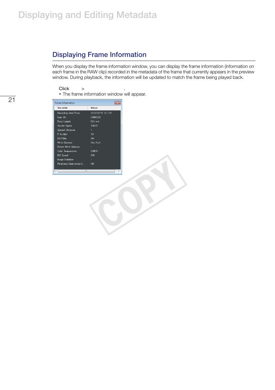 Displaying frame information, Cop y | Canon EOS C500 User Manual | Page 21 / 24