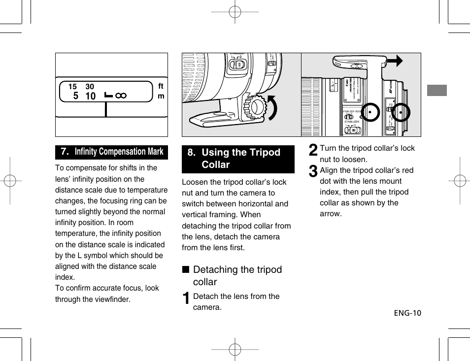Infinity compensation mark, Using the tripod collar, Detaching the tripod collar | Detach the lens from the camera | Canon EF 300mm f4L IS USM User Manual | Page 11 / 15