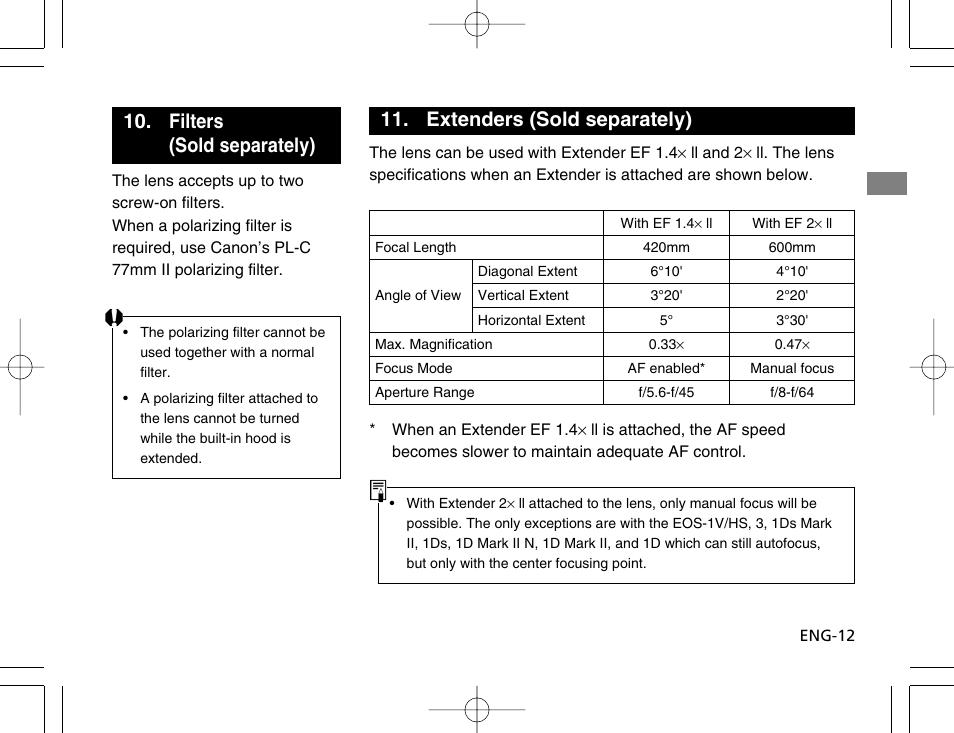 Filters (sold separately), Extenders (sold separately) | Canon EF 300mm f4L IS USM User Manual | Page 13 / 15