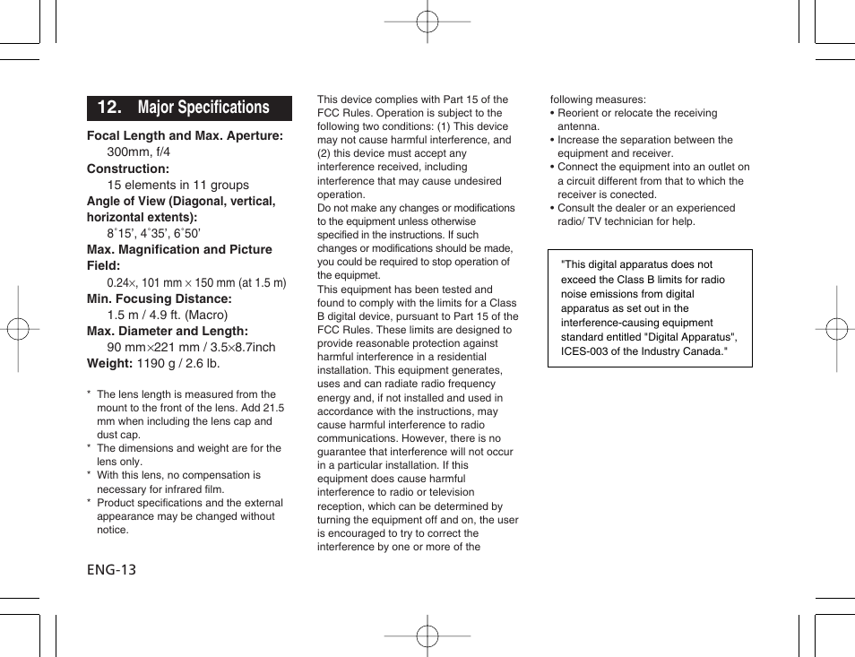 Major specifications | Canon EF 300mm f4L IS USM User Manual | Page 14 / 15