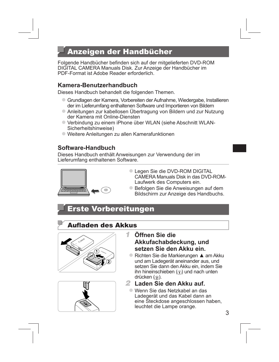 Anzeigen der handbücher, Erste vorbereitungen | Canon PowerShot S110 User Manual | Page 11 / 148