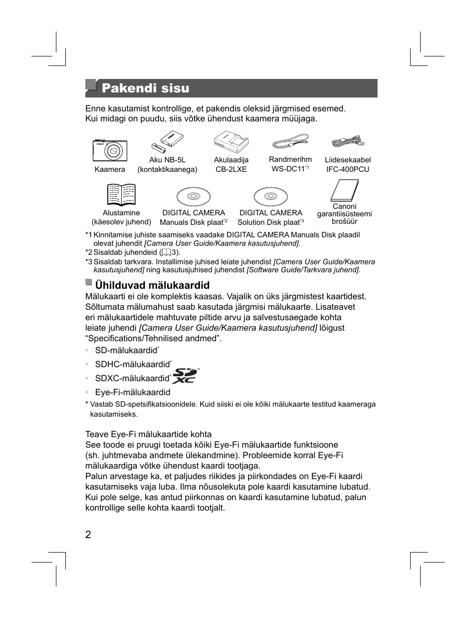 Pakendi sisu, Ühilduvad mälukaardid | Canon PowerShot S110 User Manual | Page 114 / 148