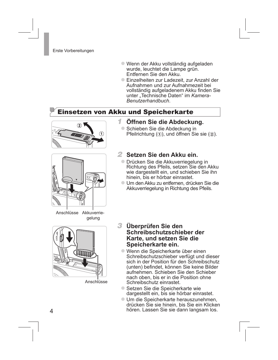 Einsetzen von akku und speicherkarte | Canon PowerShot S110 User Manual | Page 12 / 148