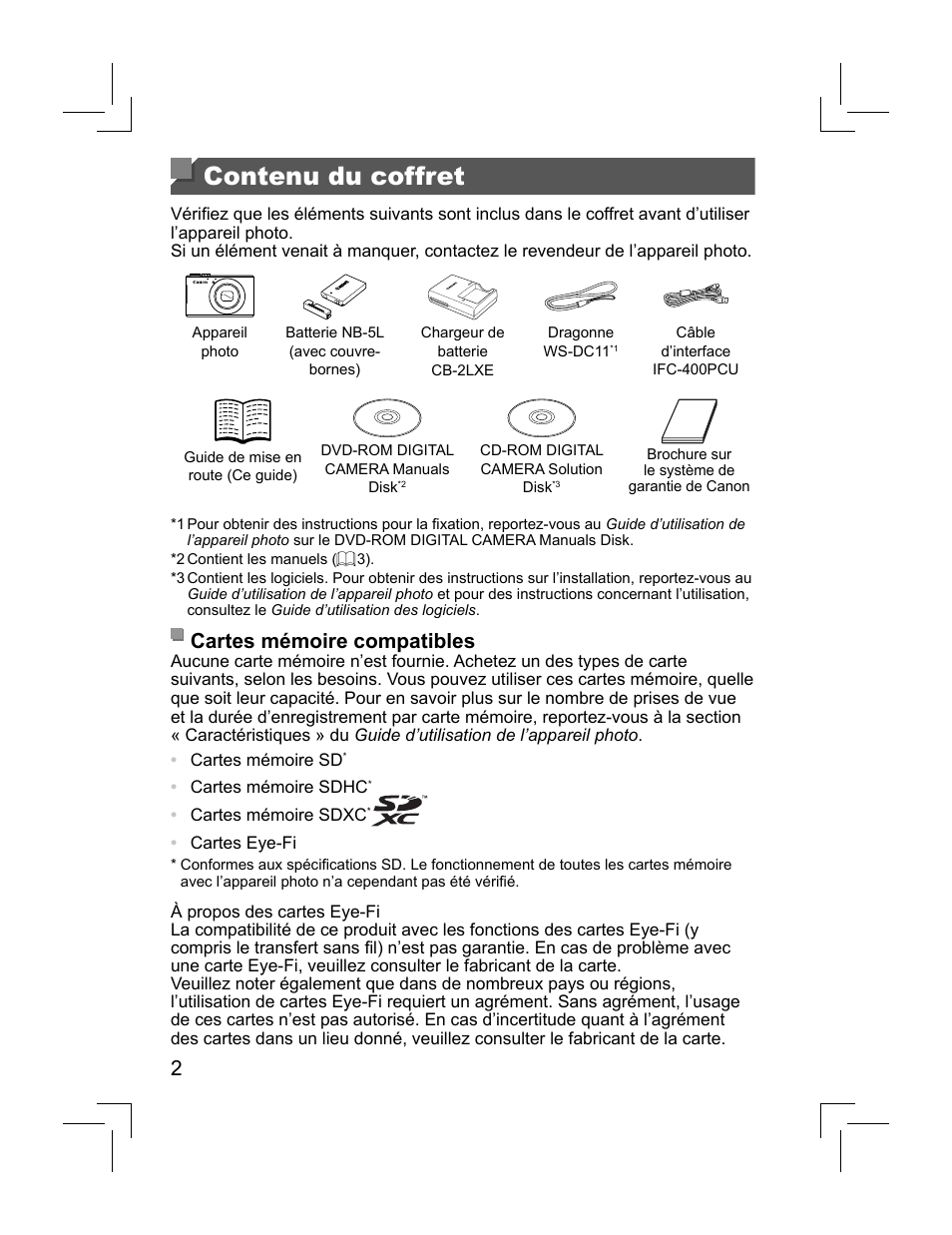 Contenu du coffret, Cartes mémoire compatibles | Canon PowerShot S110 User Manual | Page 18 / 148