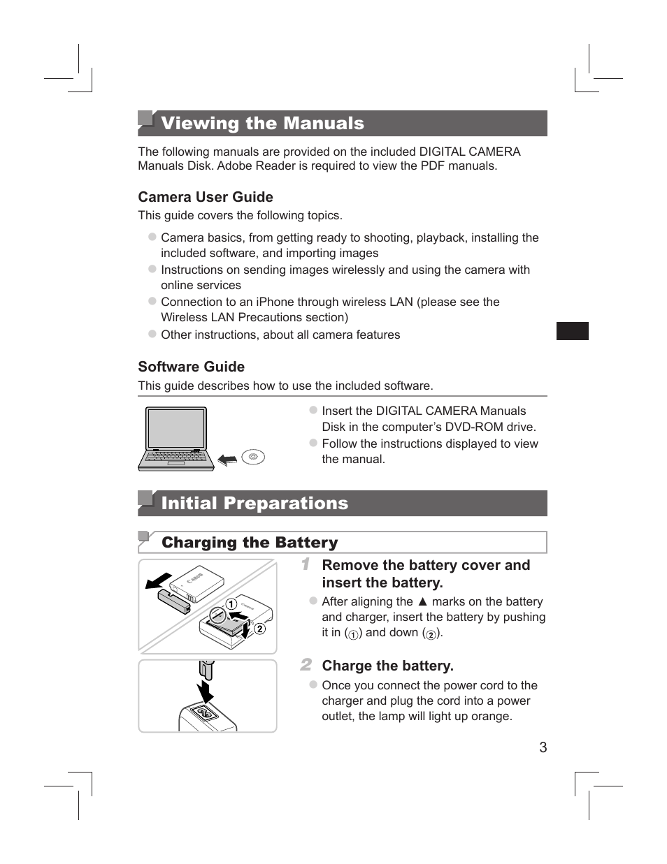 Viewing the manuals, Initial preparations | Canon PowerShot S110 User Manual | Page 3 / 148