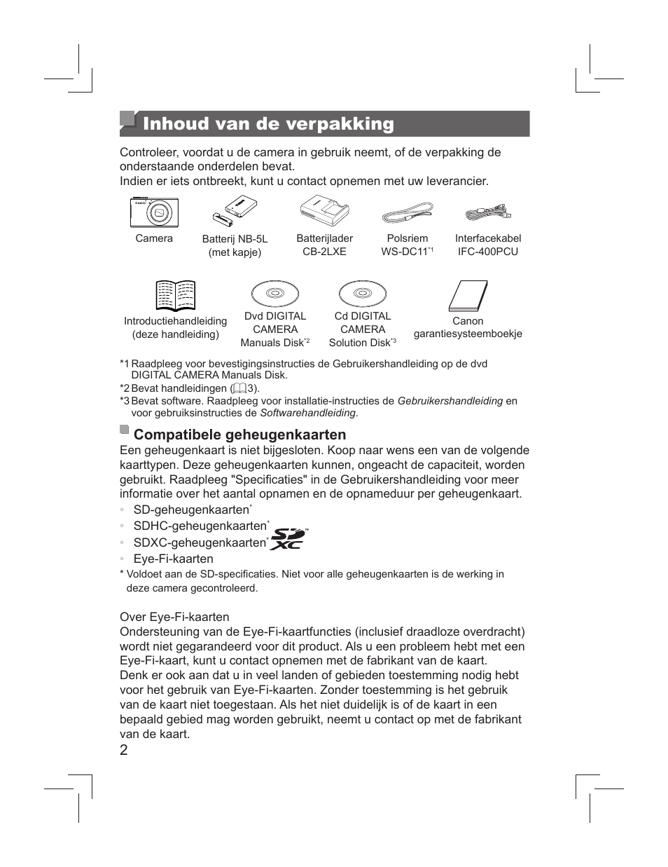 Inhoud van de verpakking, Compatibele geheugenkaarten | Canon PowerShot S110 User Manual | Page 42 / 148