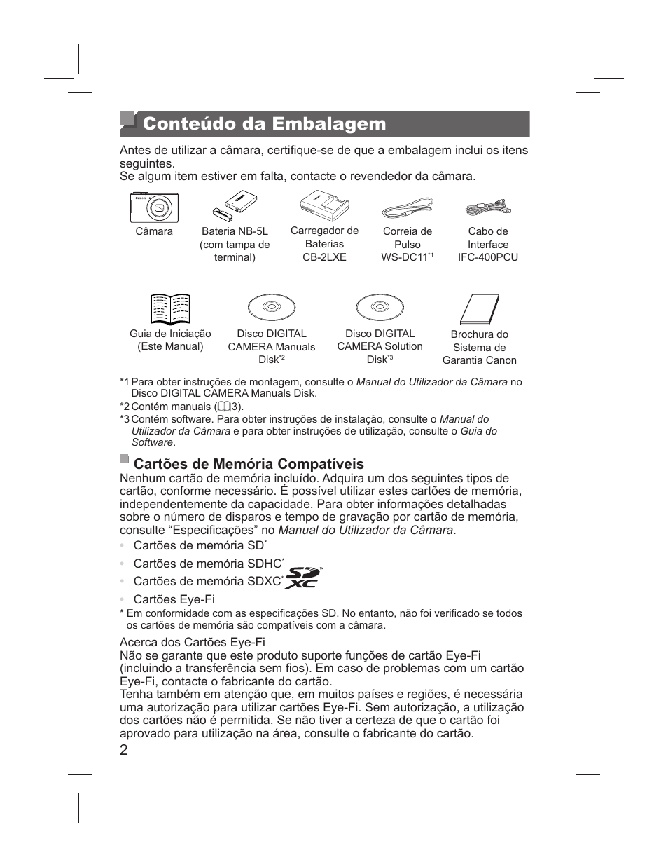 Conteúdo da embalagem, Cartões de memória compatíveis | Canon PowerShot S110 User Manual | Page 50 / 148
