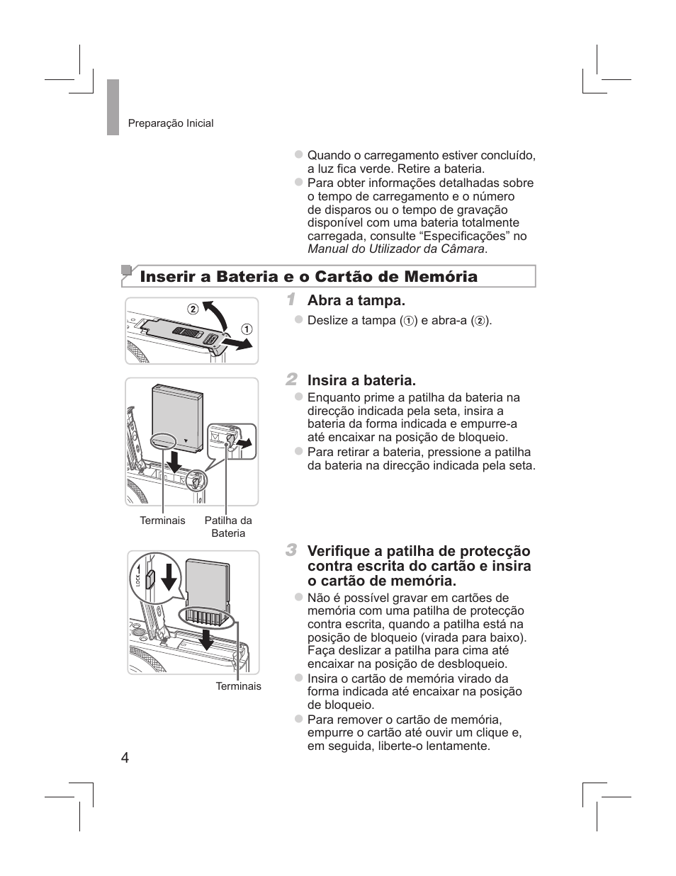 Inserir a bateria e o cartão de memória | Canon PowerShot S110 User Manual | Page 52 / 148