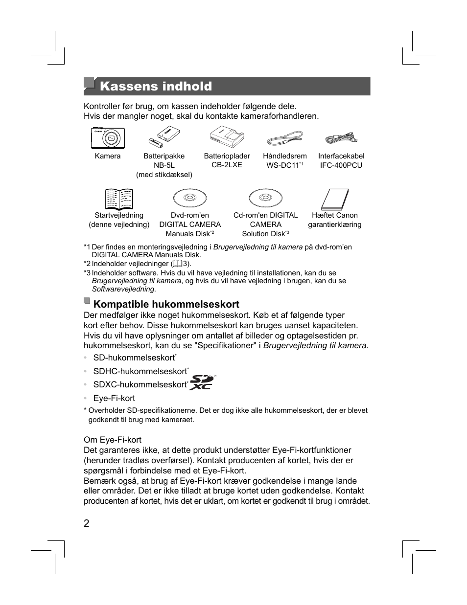 Kassens indhold, Kompatible hukommelseskort | Canon PowerShot S110 User Manual | Page 58 / 148