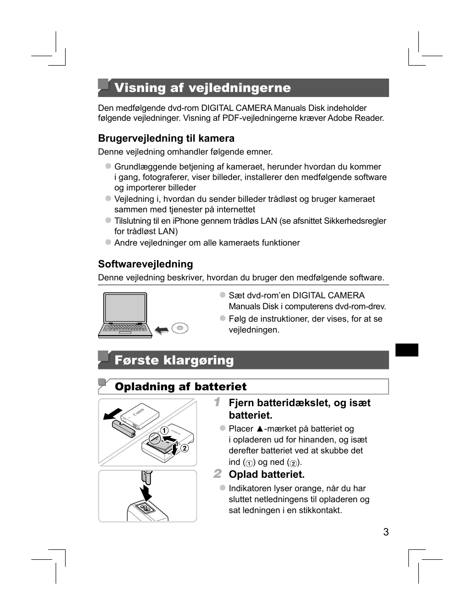Visning af vejledningerne, Første klargøring | Canon PowerShot S110 User Manual | Page 59 / 148