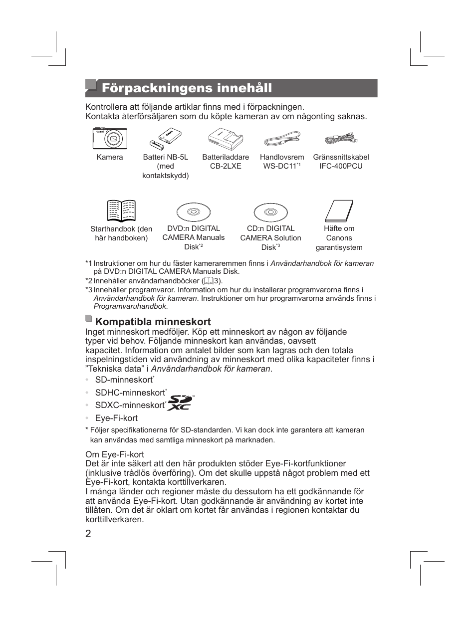 Förpackningens innehåll, Kompatibla minneskort | Canon PowerShot S110 User Manual | Page 66 / 148