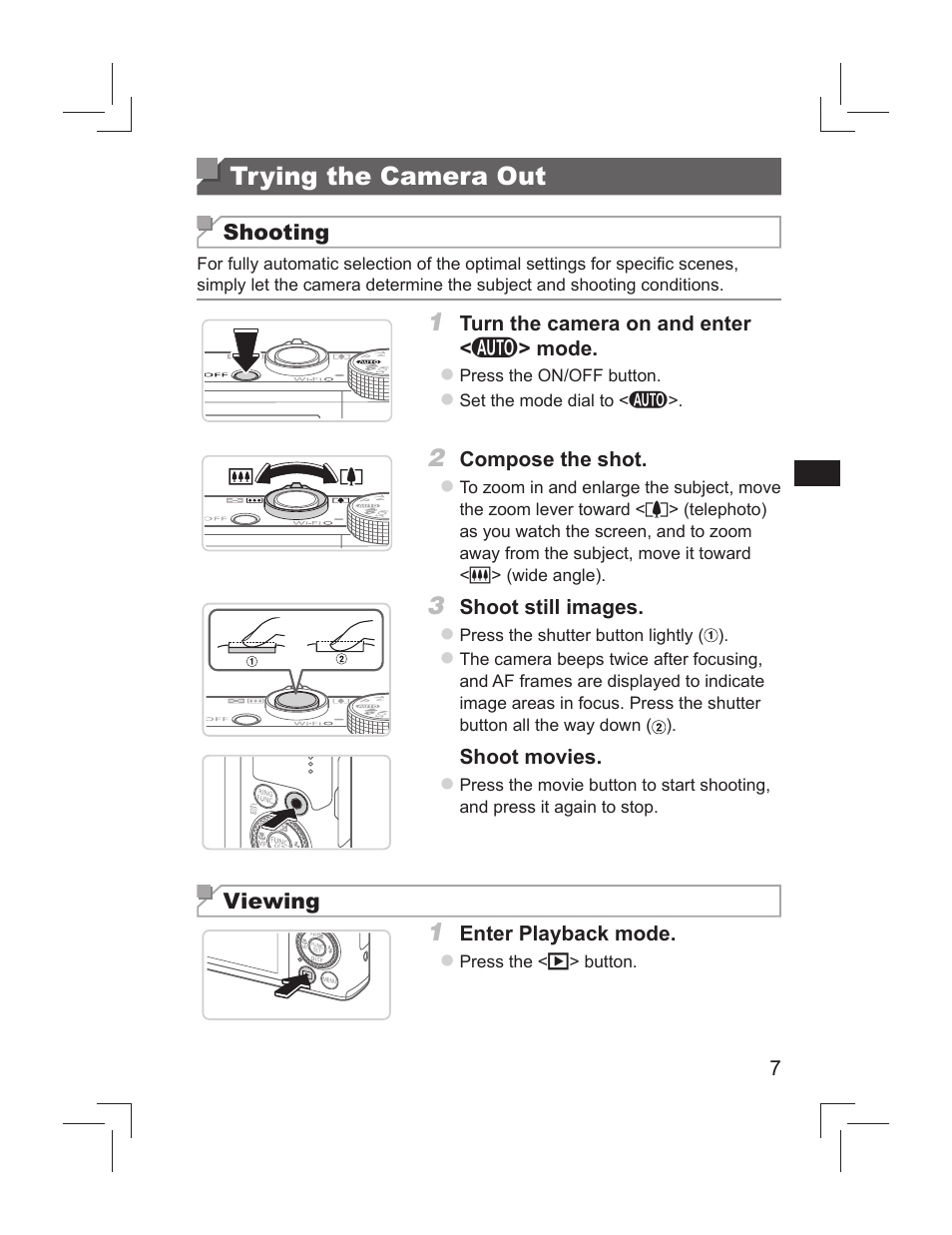Trying the camera out | Canon PowerShot S110 User Manual | Page 7 / 148