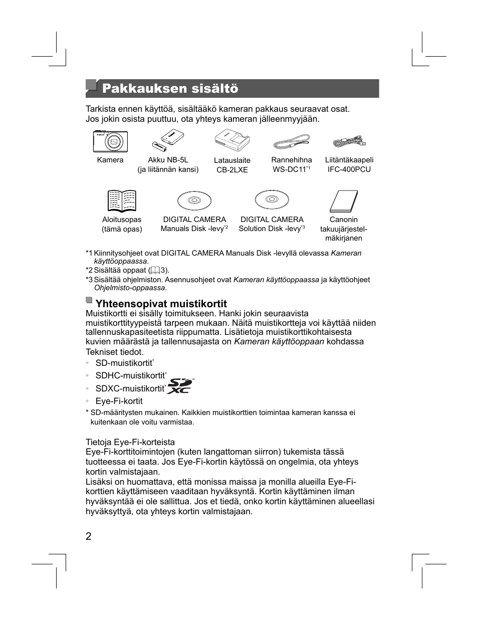 Pakkauksen sisältö, Yhteensopivat muistikortit | Canon PowerShot S110 User Manual | Page 74 / 148