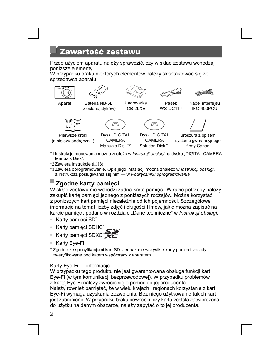 Zawartość zestawu, Zgodne karty pamięci | Canon PowerShot S110 User Manual | Page 98 / 148