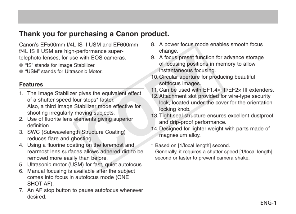 Cop y | Canon EF 600mm f4L IS II USM User Manual | Page 2 / 23