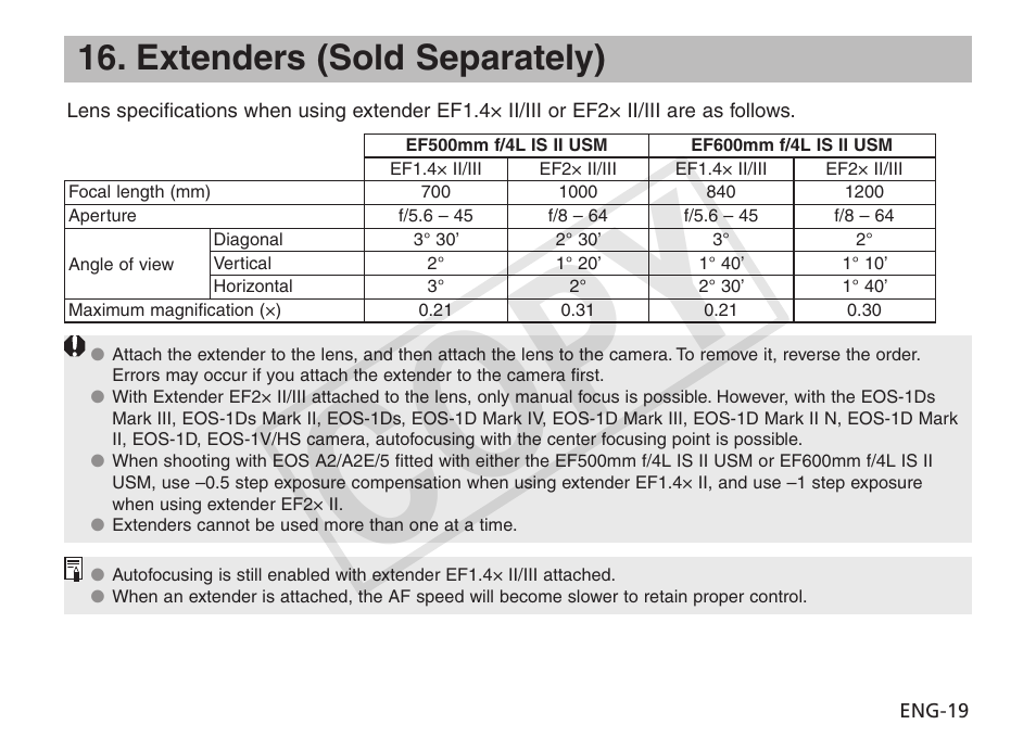 Cop y, Extenders (sold separately) | Canon EF 600mm f4L IS II USM User Manual | Page 20 / 23