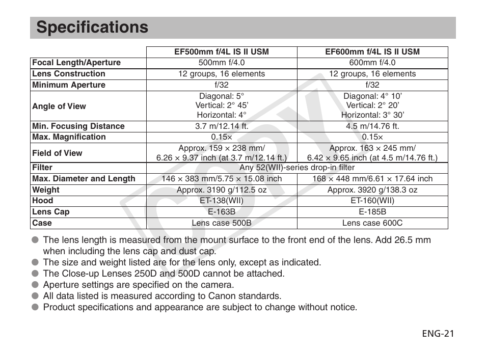 Cop y, Specifications | Canon EF 600mm f4L IS II USM User Manual | Page 22 / 23