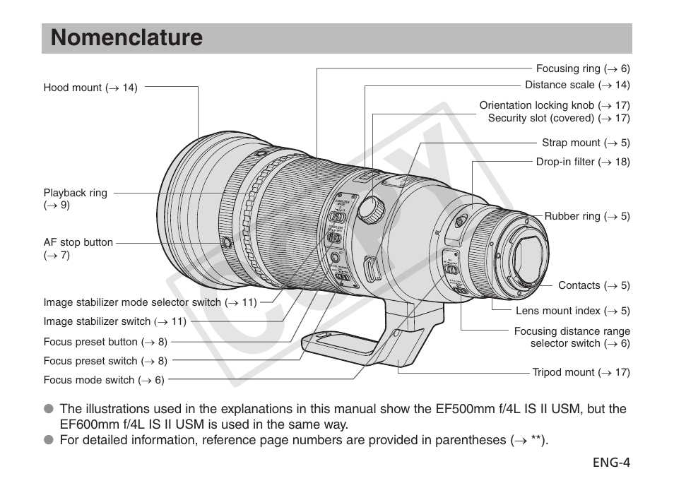 Cop y, Nomenclature | Canon EF 600mm f4L IS II USM User Manual | Page 5 / 23