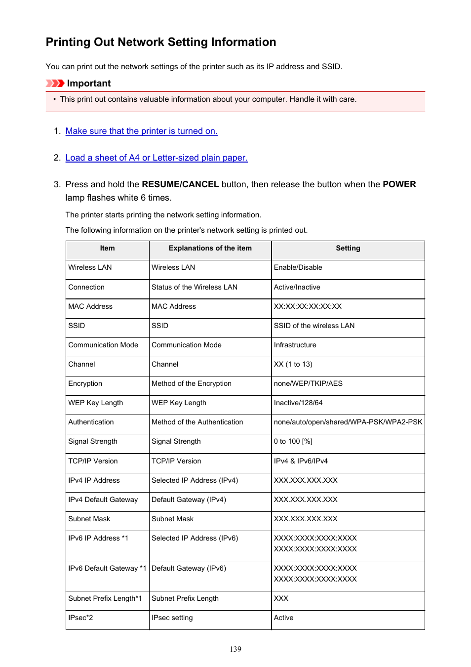 Printing out network setting information, Important | Canon PIXMA iP8750 User Manual | Page 139 / 406