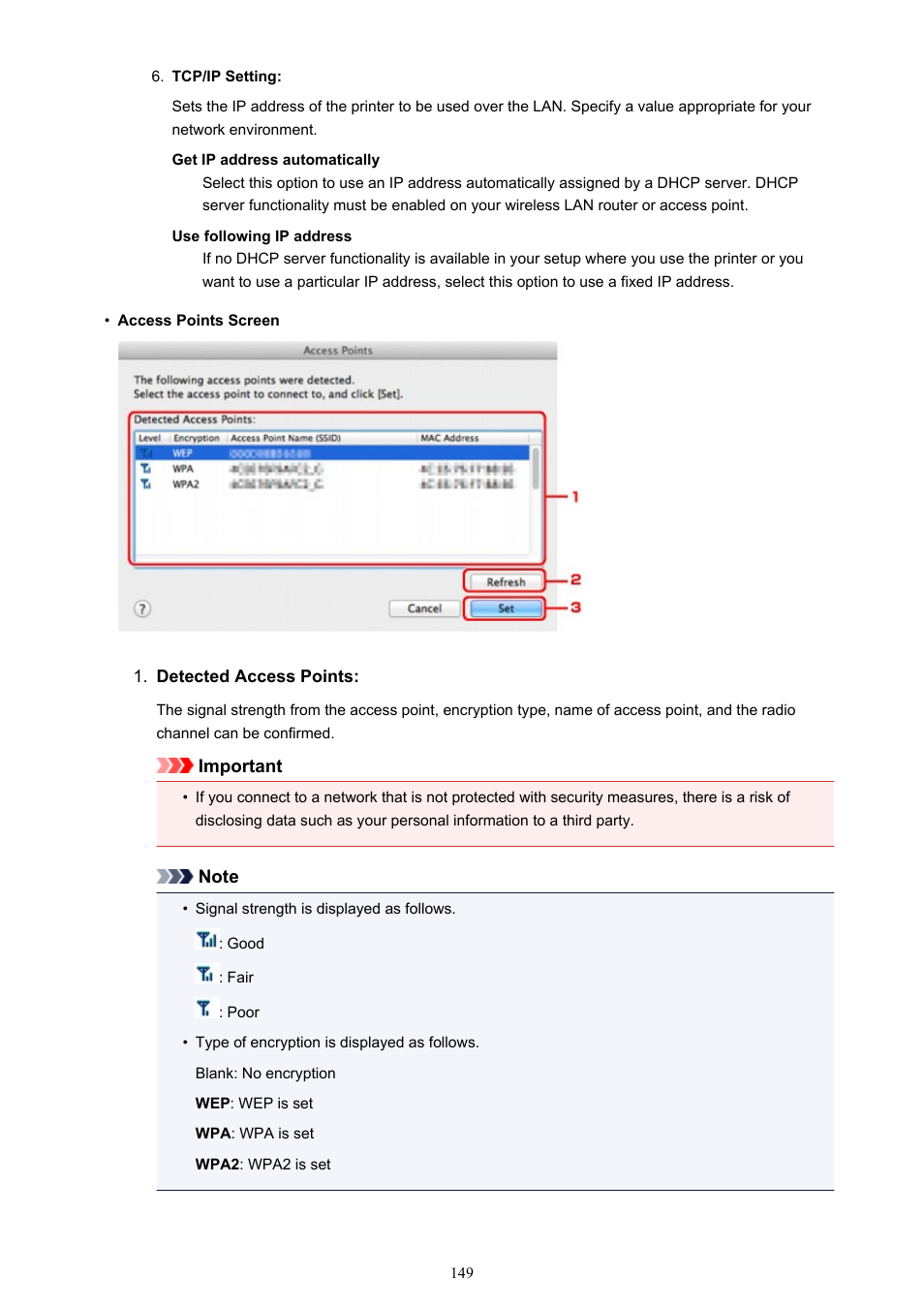 Access points screen | Canon PIXMA iP8750 User Manual | Page 149 / 406