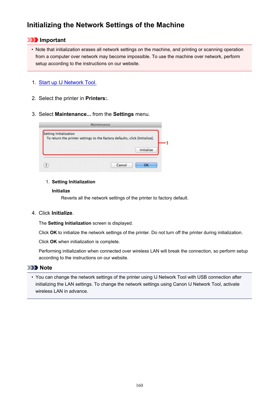 Initializing the network settings of the machine | Canon PIXMA iP8750 User Manual | Page 160 / 406