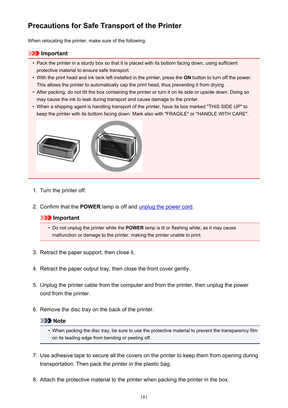 Precautions for safe transport of the printer | Canon PIXMA iP8750 User Manual | Page 181 / 406