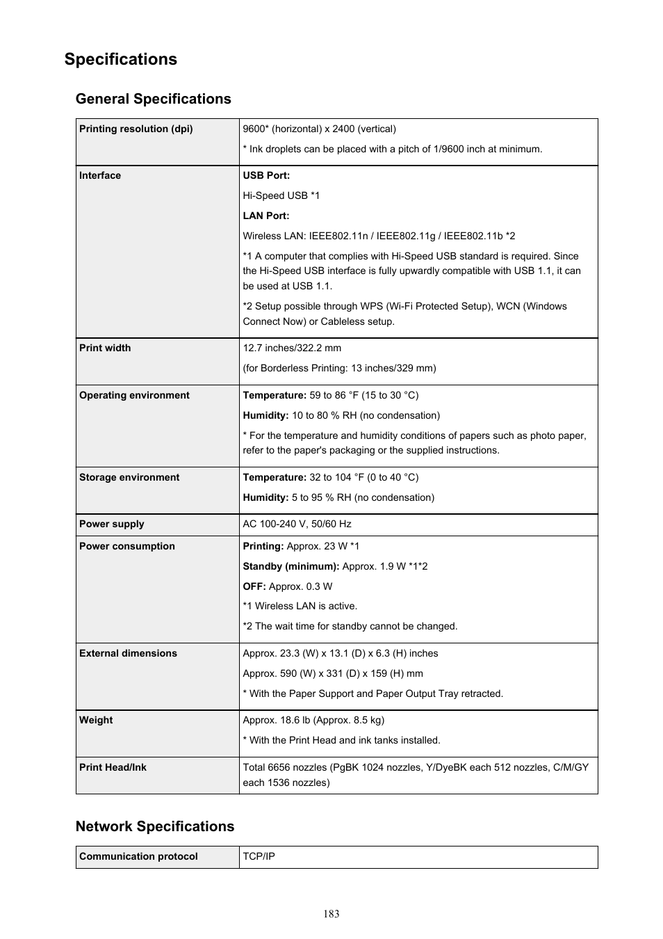 Specifications, General specifications, Network specifications | Canon PIXMA iP8750 User Manual | Page 183 / 406