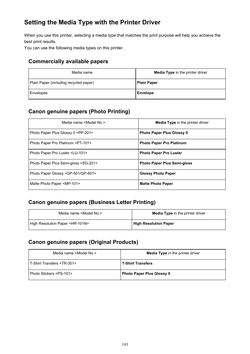 Setting the media type with the printer driver, Commercially available papers, Canon genuine papers (photo printing) | Canon genuine papers (business letter printing), Canon genuine papers (original products) | Canon PIXMA iP8750 User Manual | Page 193 / 406