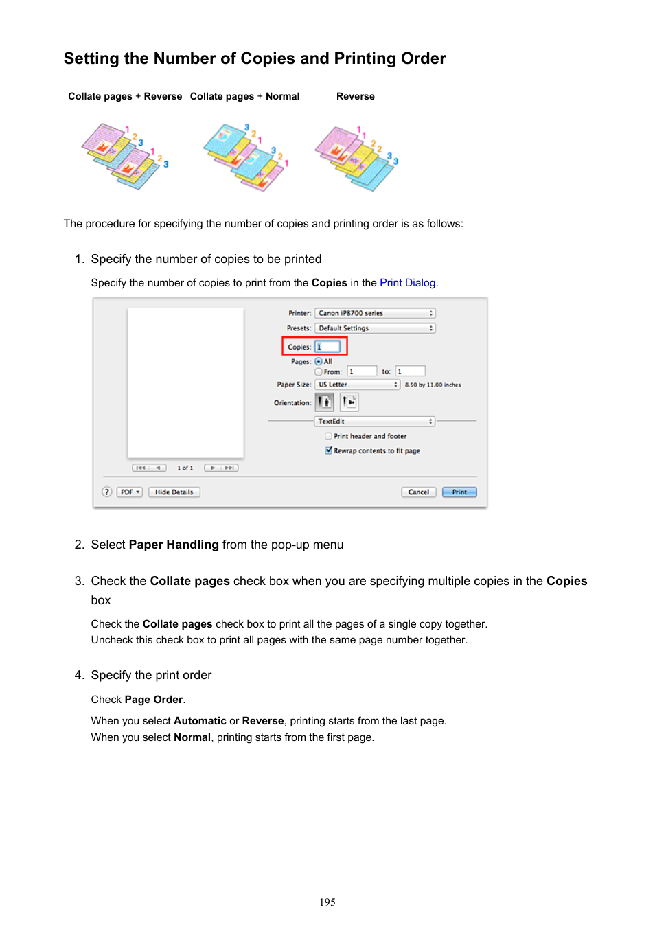 Setting the number of copies and printing order | Canon PIXMA iP8750 User Manual | Page 195 / 406