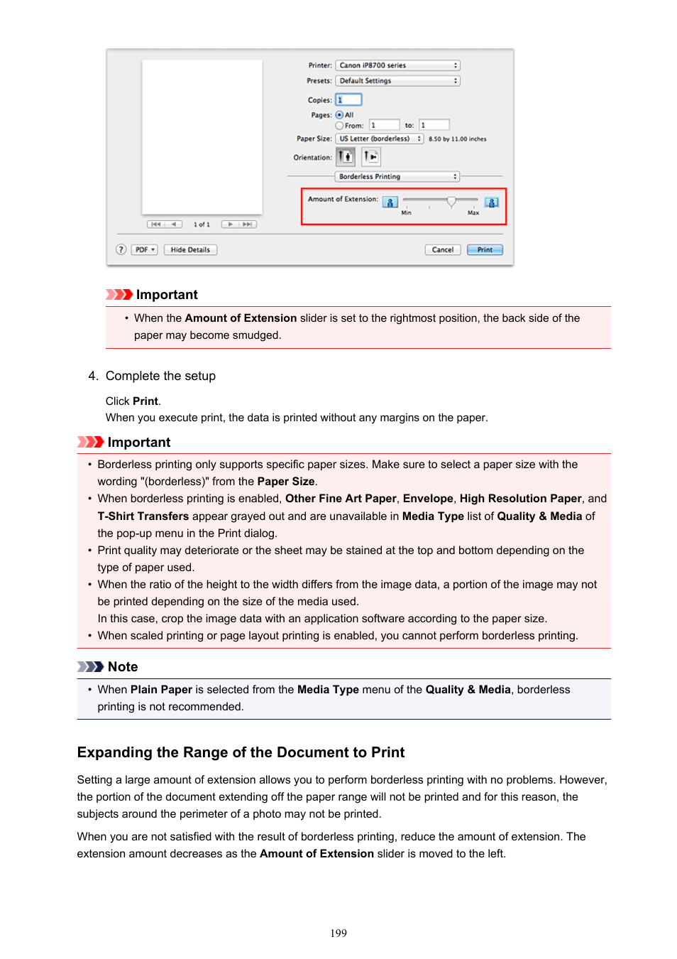 Expanding the range of the document to print | Canon PIXMA iP8750 User Manual | Page 199 / 406