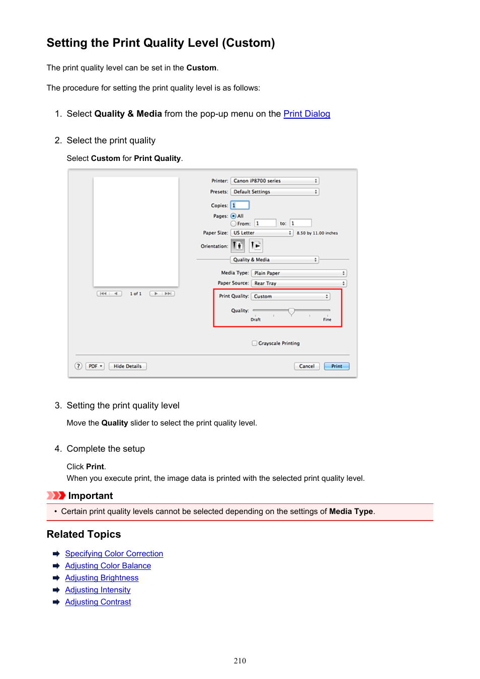 Setting the print quality level (custom) | Canon PIXMA iP8750 User Manual | Page 210 / 406