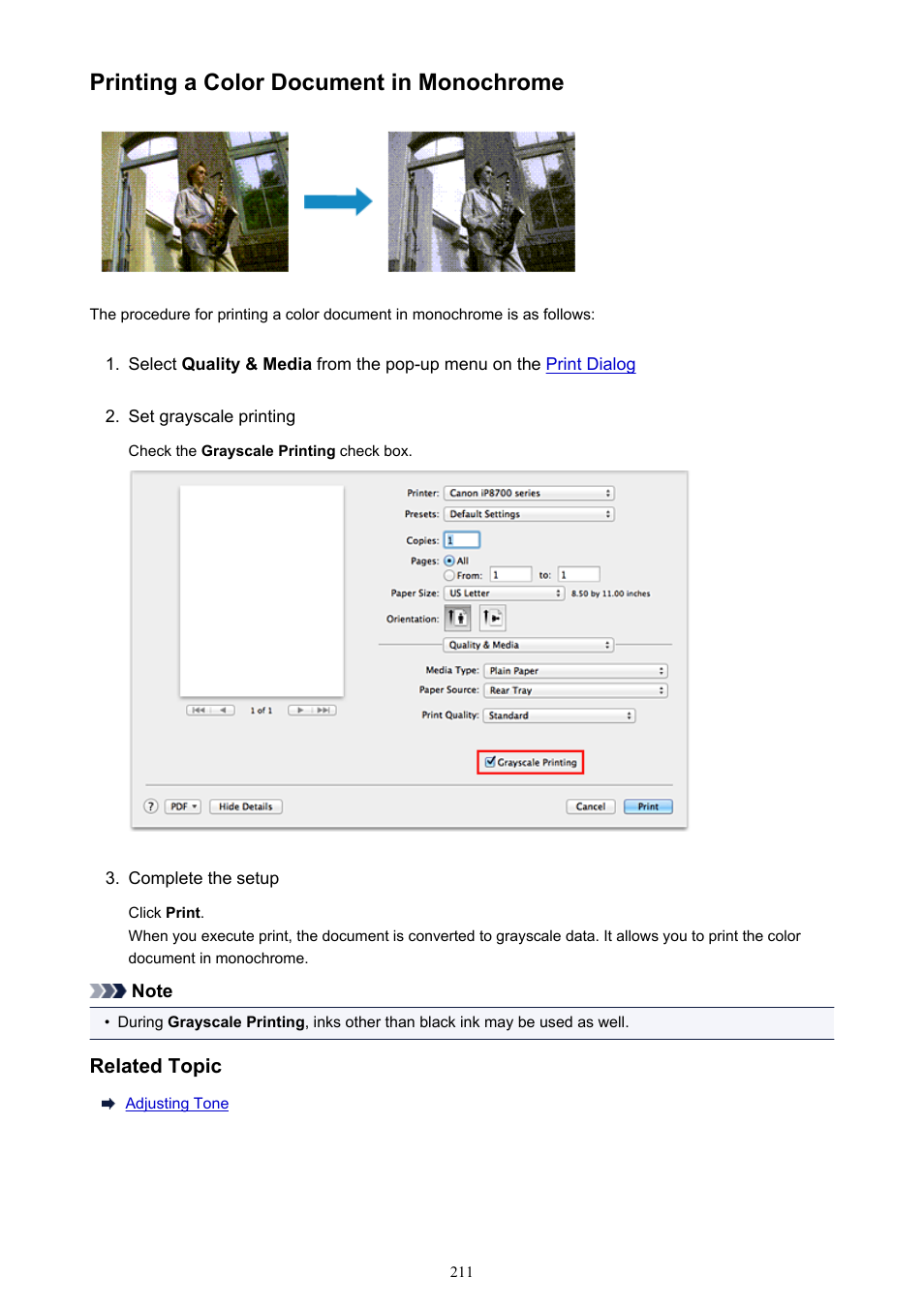 Printing a color document in monochrome | Canon PIXMA iP8750 User Manual | Page 211 / 406