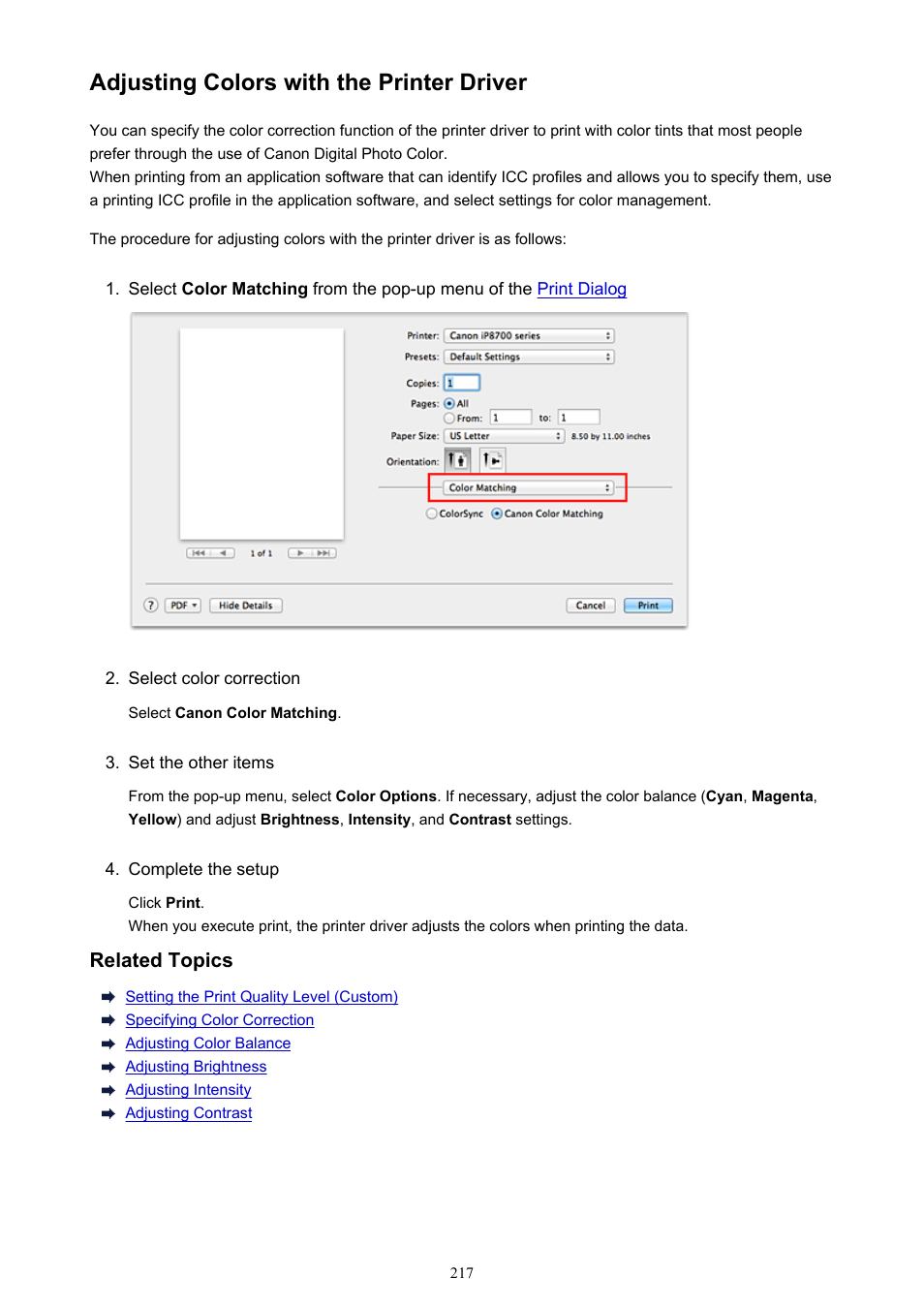 Adjusting colors with the printer driver | Canon PIXMA iP8750 User Manual | Page 217 / 406