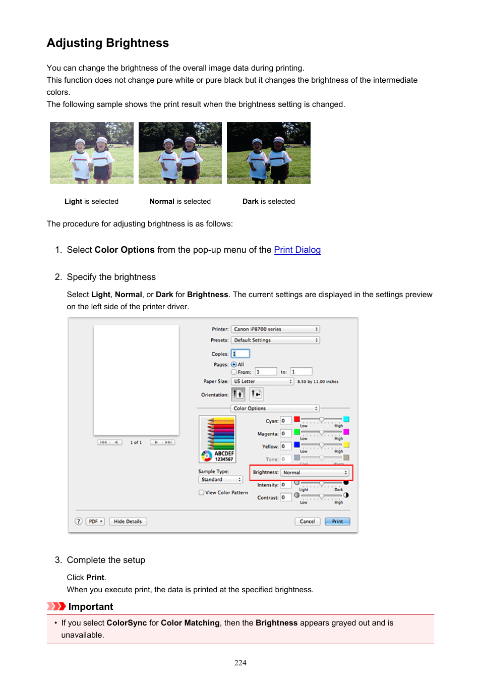 Adjusting brightness | Canon PIXMA iP8750 User Manual | Page 224 / 406