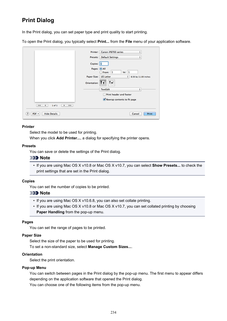 Print dialog, List in the, On the | Click, Select paper size in the, Opens | Canon PIXMA iP8750 User Manual | Page 234 / 406