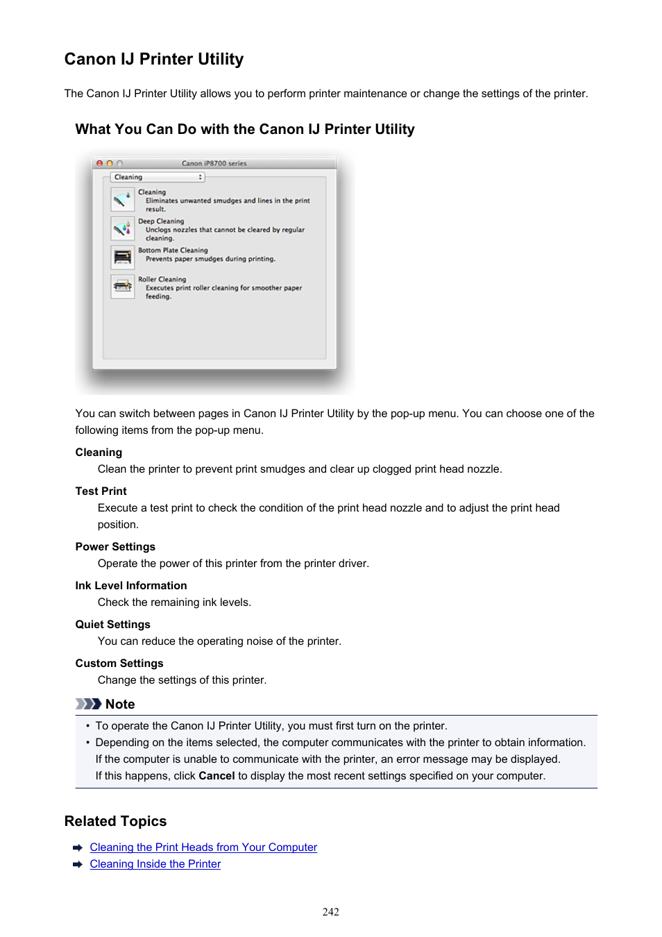 Canon ij printer utility, From the pop-up menu on the | Canon PIXMA iP8750 User Manual | Page 242 / 406