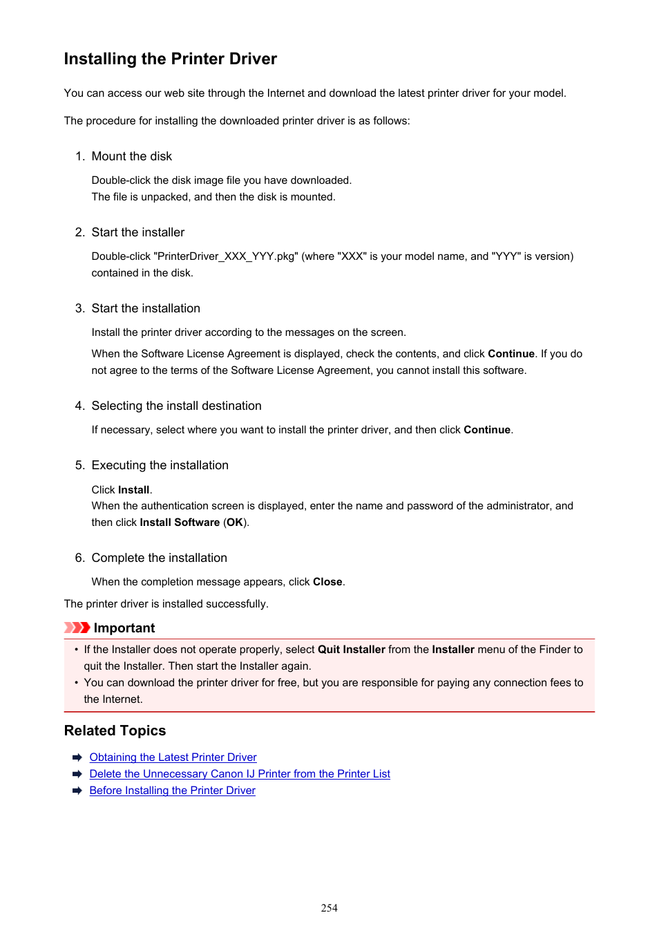 Installing the printer driver | Canon PIXMA iP8750 User Manual | Page 254 / 406