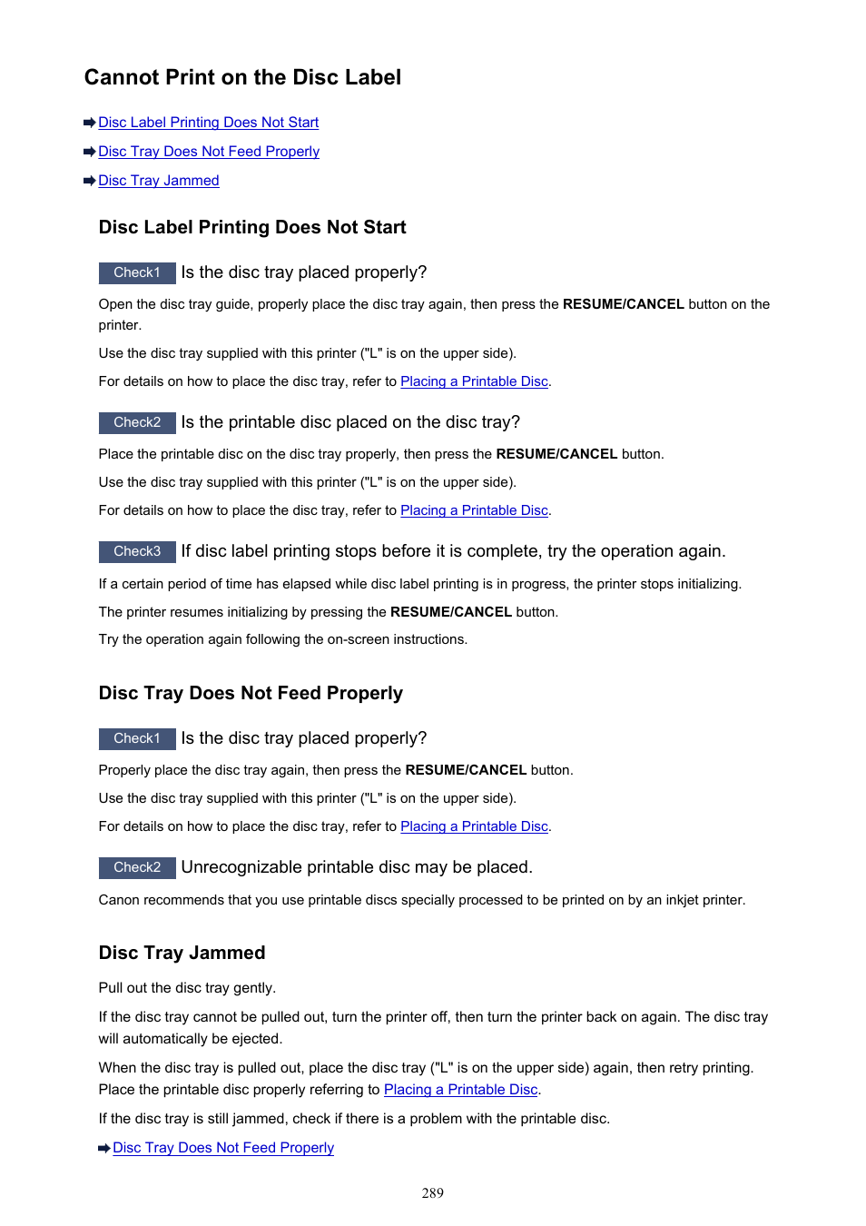 Cannot print on the disc label, Disc label printing does not start, Disc tray does not feed properly | Disc tray jammed | Canon PIXMA iP8750 User Manual | Page 289 / 406