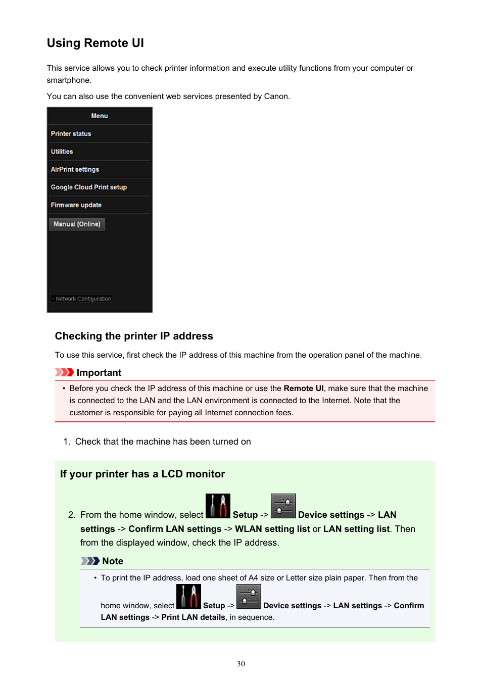 Using remote ui, Remote ui startup | Canon PIXMA iP8750 User Manual | Page 30 / 406