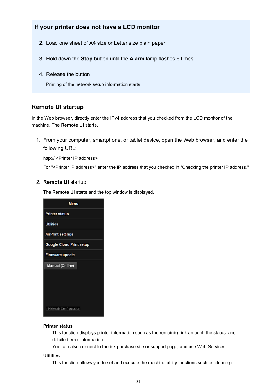 If your printer does not have a lcd monitor, Remote ui startup | Canon PIXMA iP8750 User Manual | Page 31 / 406