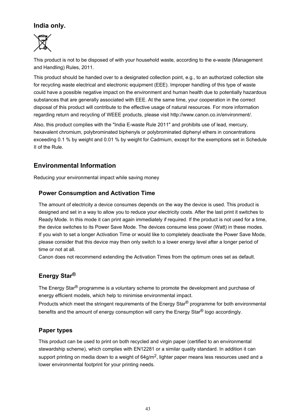 India only, Environmental information | Canon PIXMA iP8750 User Manual | Page 43 / 406