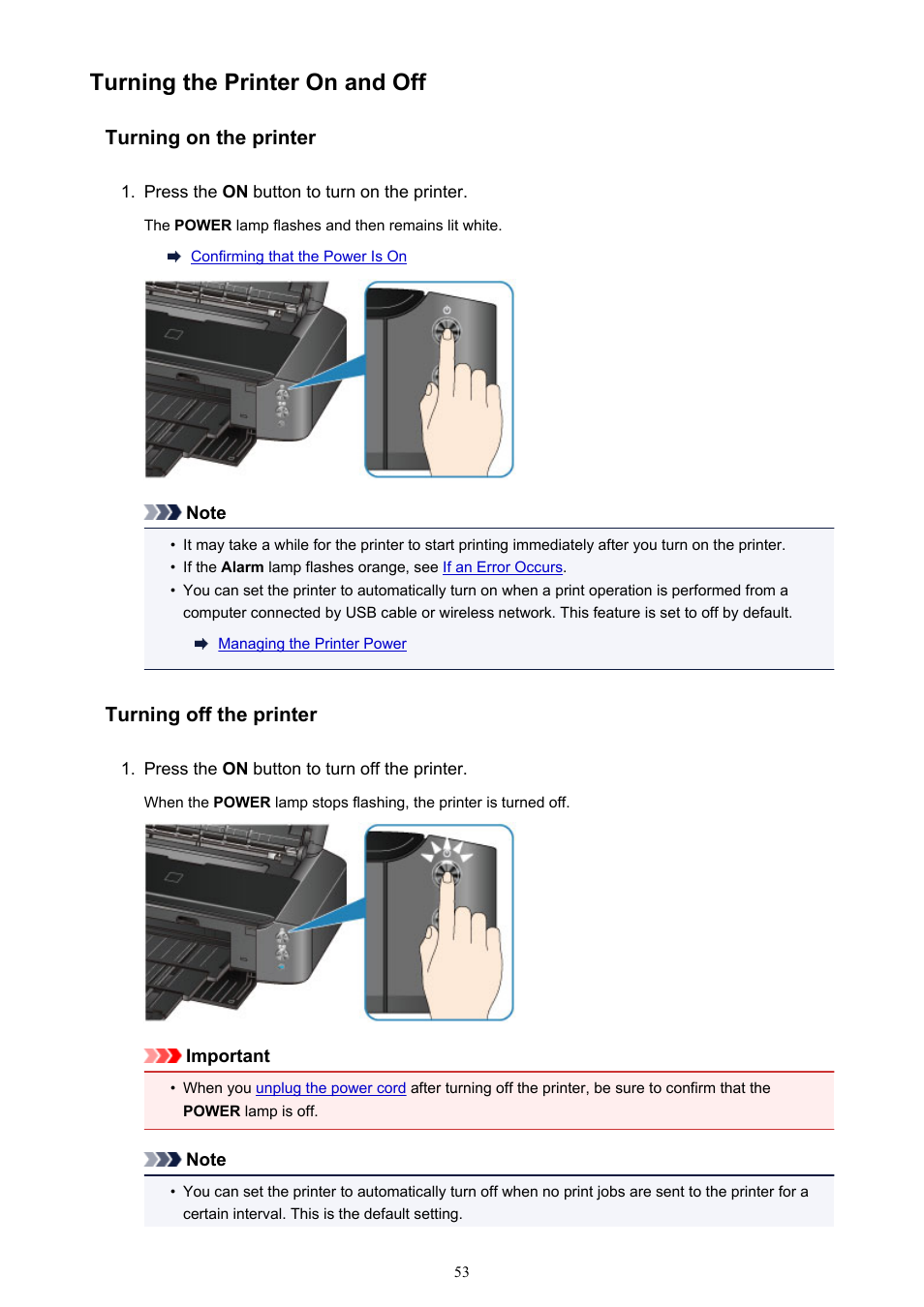 Turning the printer on and off, Turning on the printer, Turning off the printer | Canon PIXMA iP8750 User Manual | Page 53 / 406