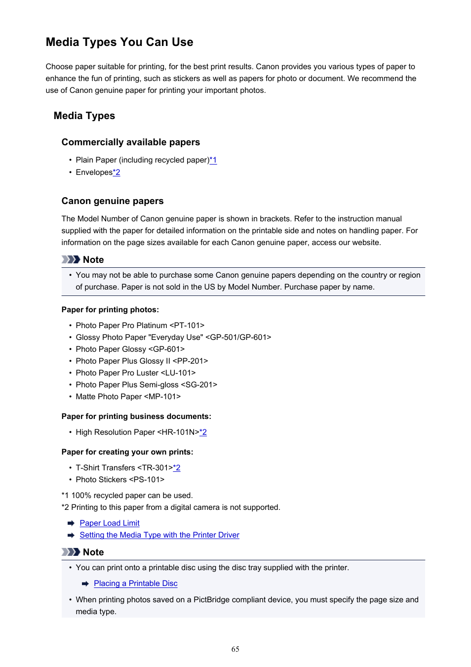 Media types you can use, Genuine paper, see | Canon PIXMA iP8750 User Manual | Page 65 / 406