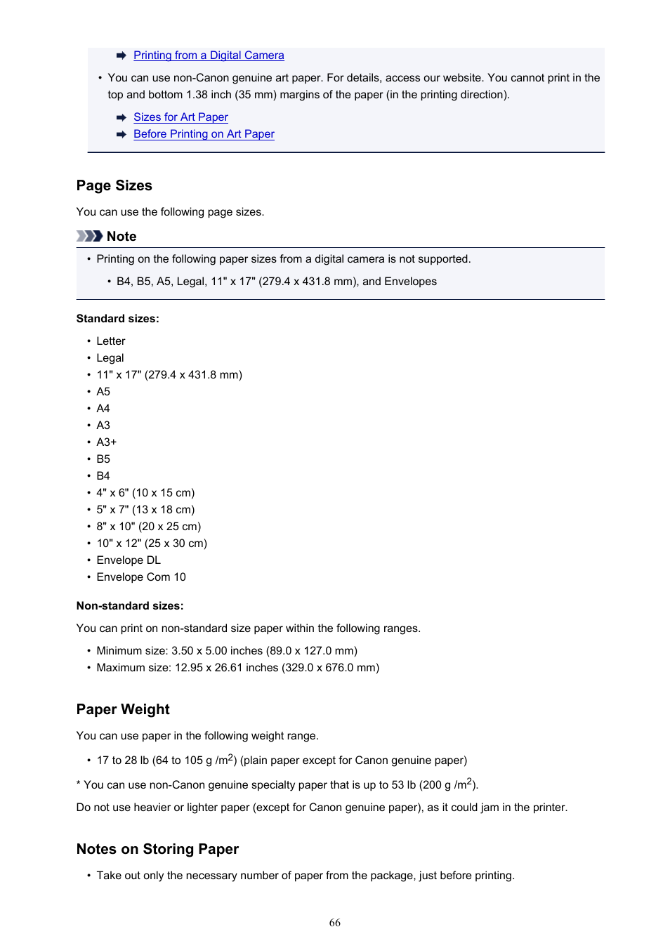 Page sizes, Paper weight | Canon PIXMA iP8750 User Manual | Page 66 / 406