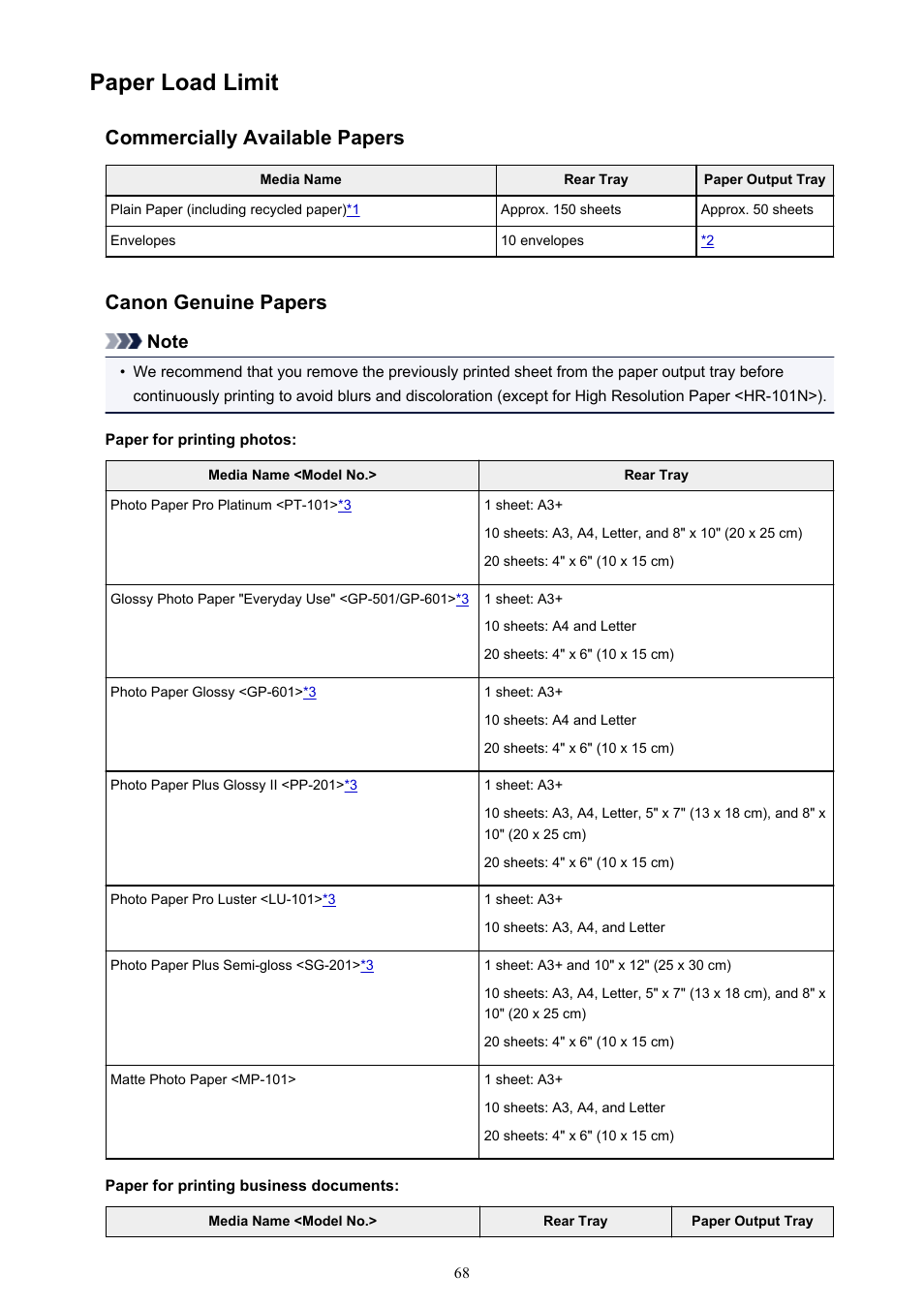 Paper load limit, Commercially available papers, Canon genuine papers | Canon PIXMA iP8750 User Manual | Page 68 / 406