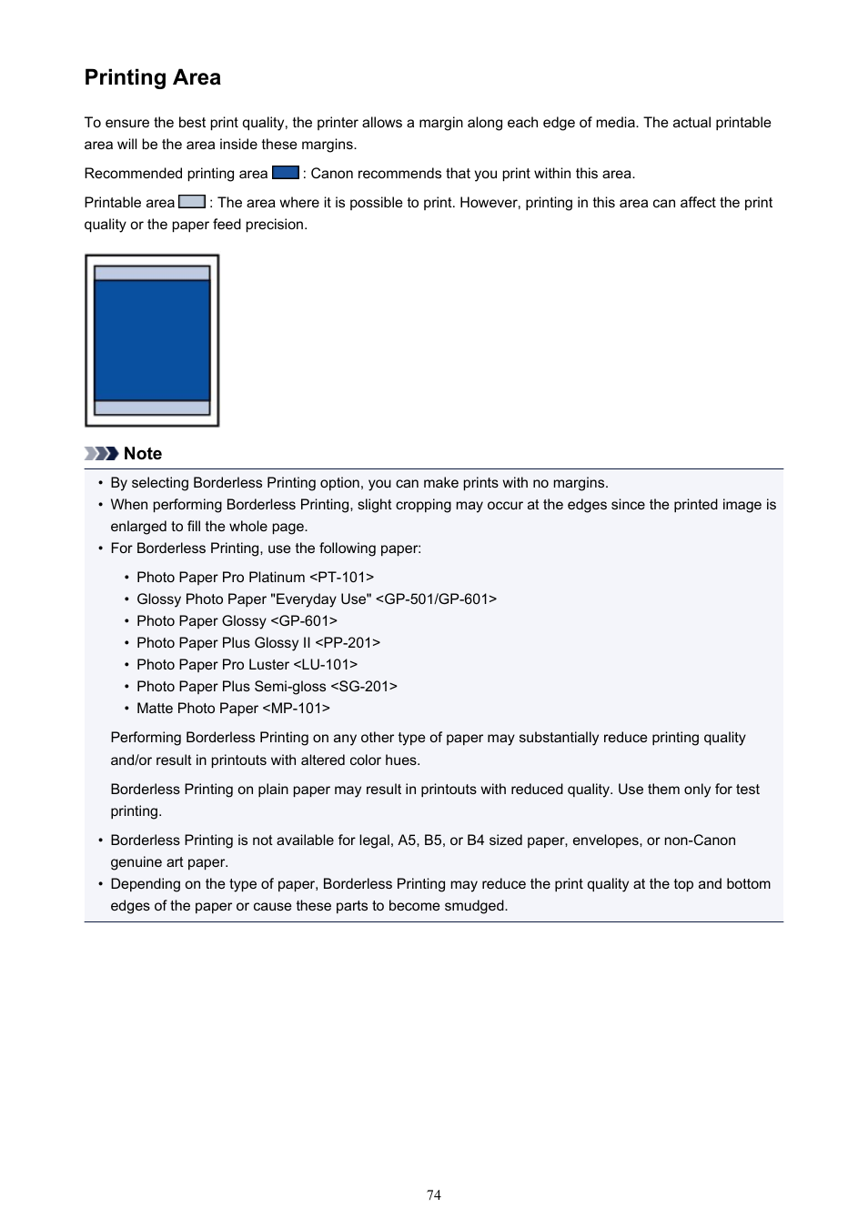 Printing area | Canon PIXMA iP8750 User Manual | Page 74 / 406