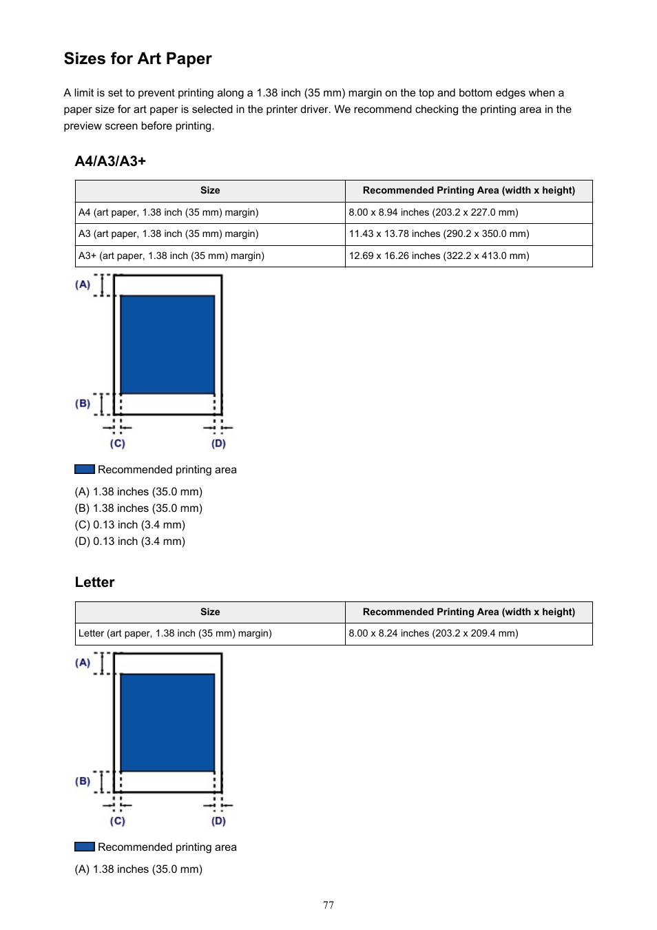 Sizes for art paper, A4/a3/a3, Letter | Canon PIXMA iP8750 User Manual | Page 77 / 406