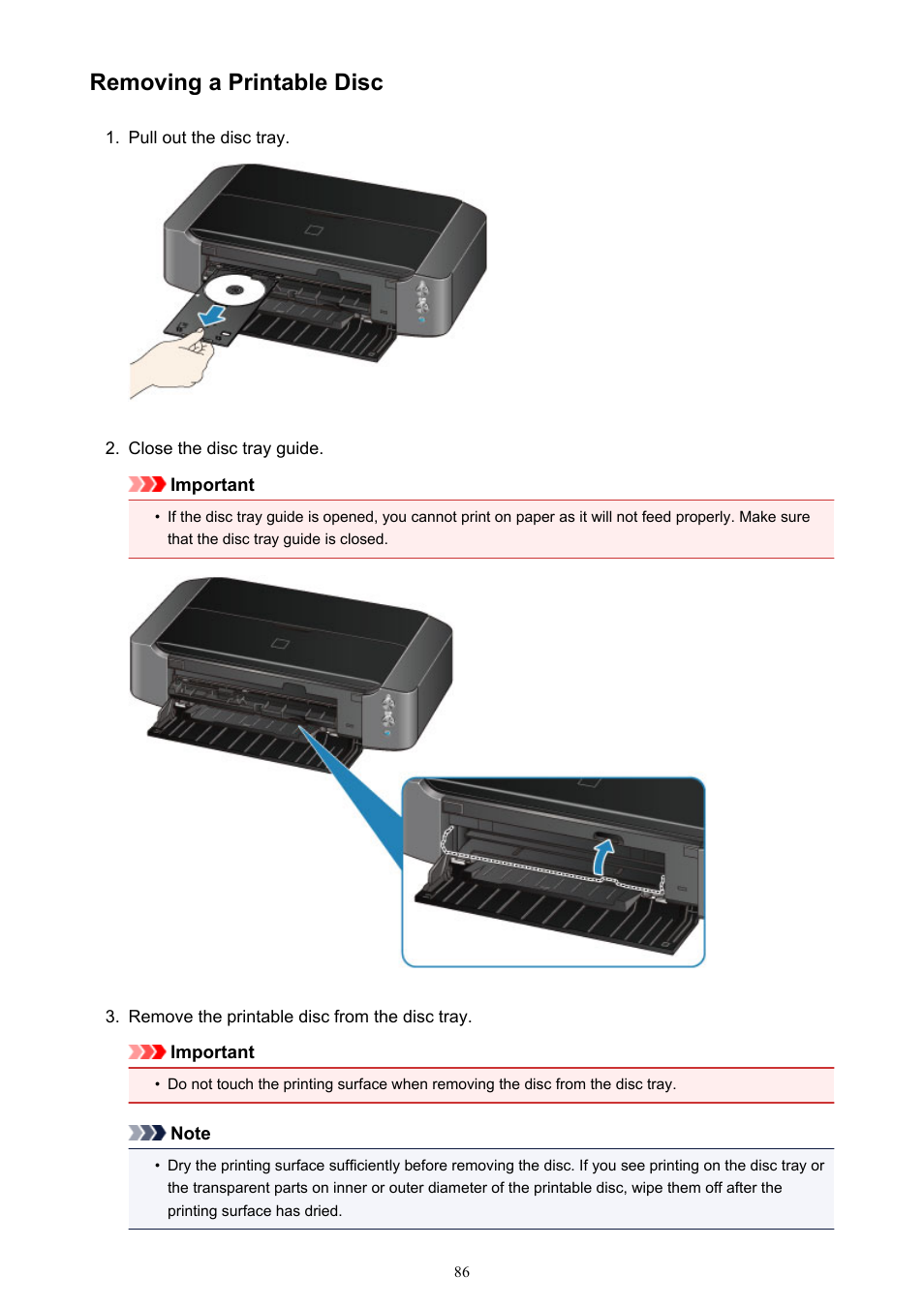 Removing a printable disc | Canon PIXMA iP8750 User Manual | Page 86 / 406