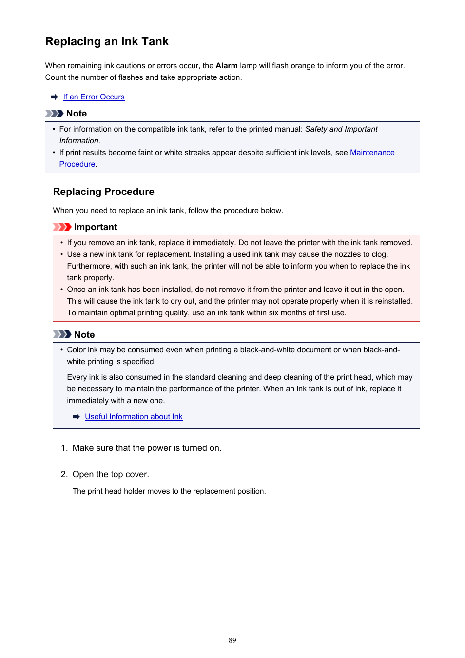 Replacing an ink tank, Ink tank, see | Canon PIXMA iP8750 User Manual | Page 89 / 406