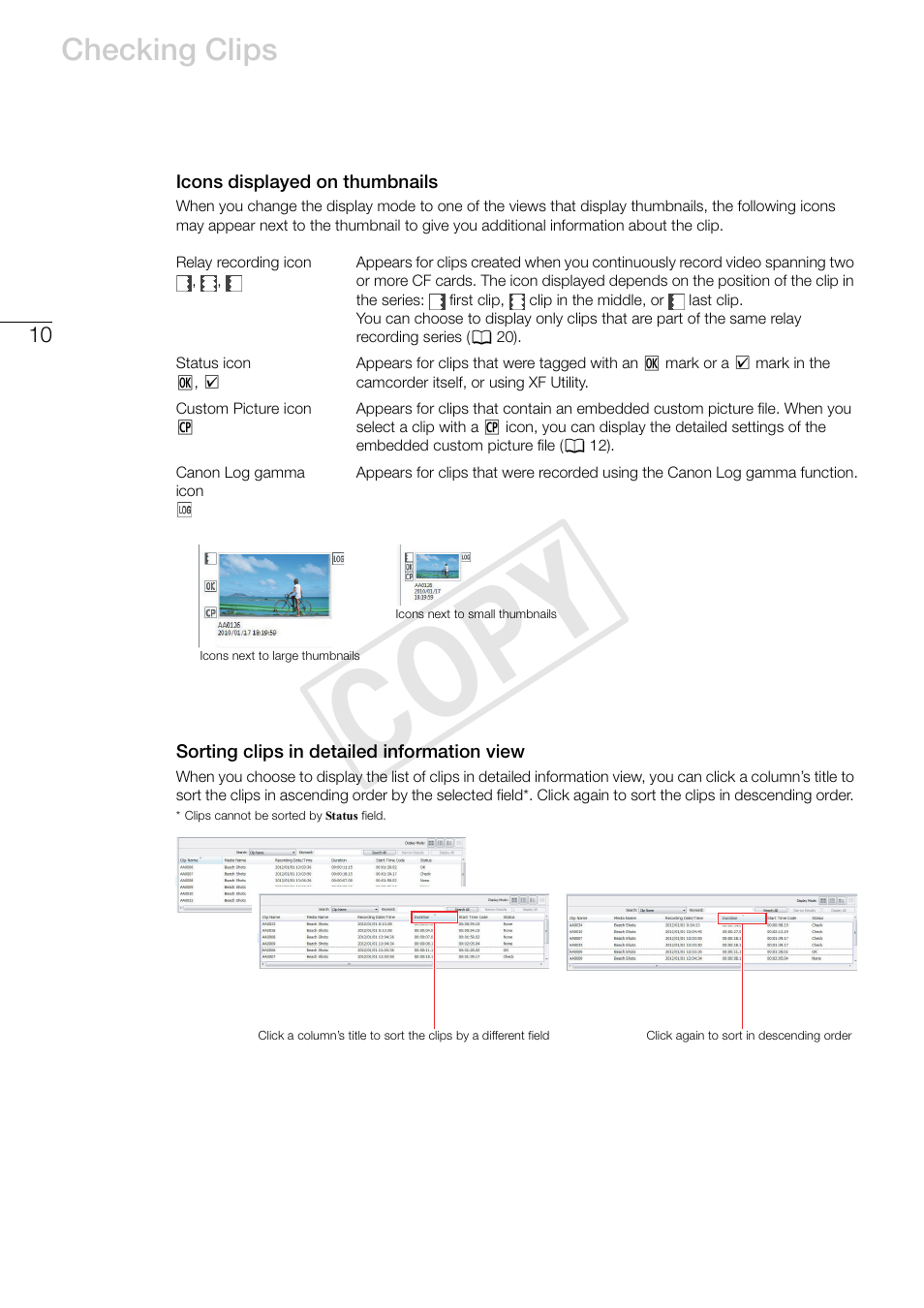 Icons displayed on thumbnails, Sorting clips in detailed information view, Cop y | Checking clips | Canon XF305 User Manual | Page 10 / 37